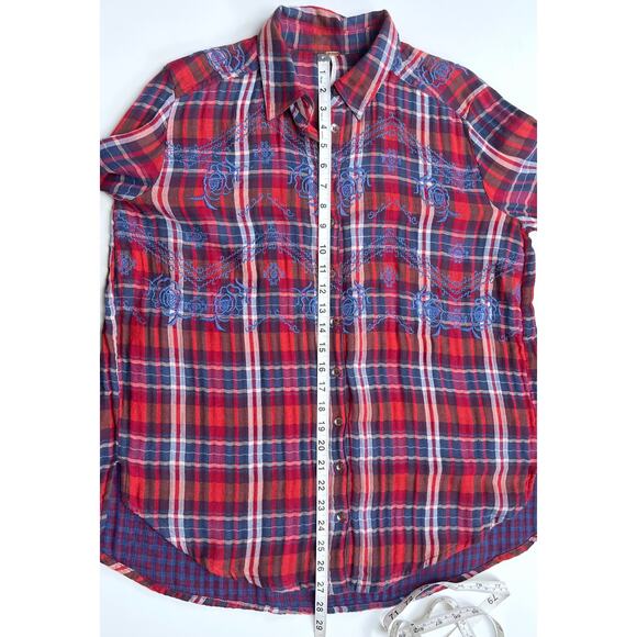 Free People Magical Plaid Embroidered Button Down Top Small Boho Western Fall - Picture 16 of 16
